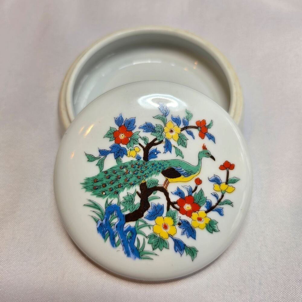 Porcelain Peacock Trinket Box Round Lidded Oriental Floral Multicolor 3.5 In